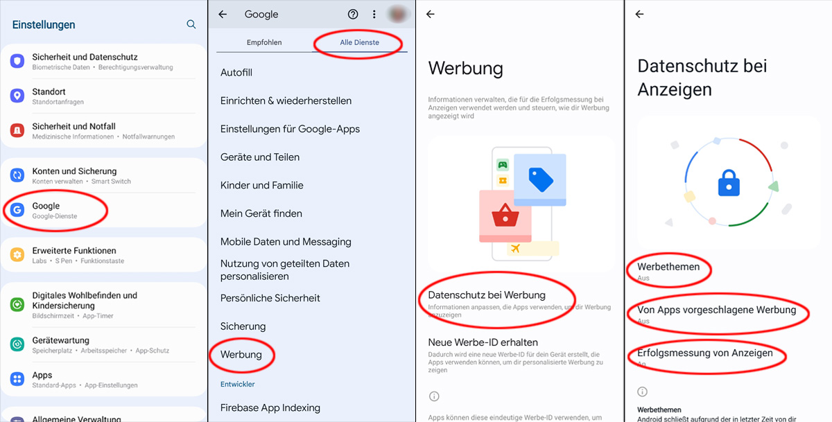 Screenshot der Klickwege zu den Werbeeinstellungen bei Android. Die Schritte werden im weiteren Text benannt.