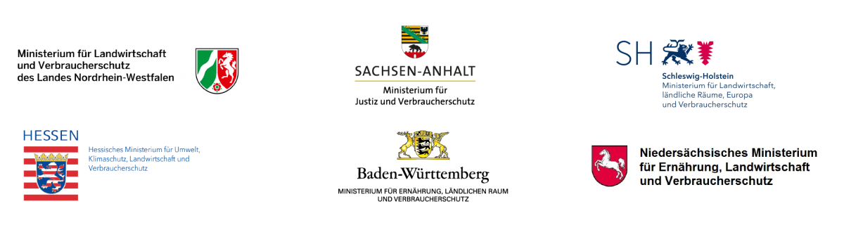  Logo des Ministeriums für Landwirtschaft und Verbraucherschutz NRW.Logo des Ministeriums für Ernährung, Landwirtschaft und Verbraucherschutz Niedersachsen.  Logo des Ministeriums für Umwelt,Klimaschutz und Verbraucherschutz Hessen.  Logo Ministerium für Landwirtschaft, ländliche Räume, Europa und Verbraucherschutz Schleswig Holstein. Logo des Ministeriums für Ernährung, Ländlichen Raum und Verbraucherschutz Baden-Württenberg.