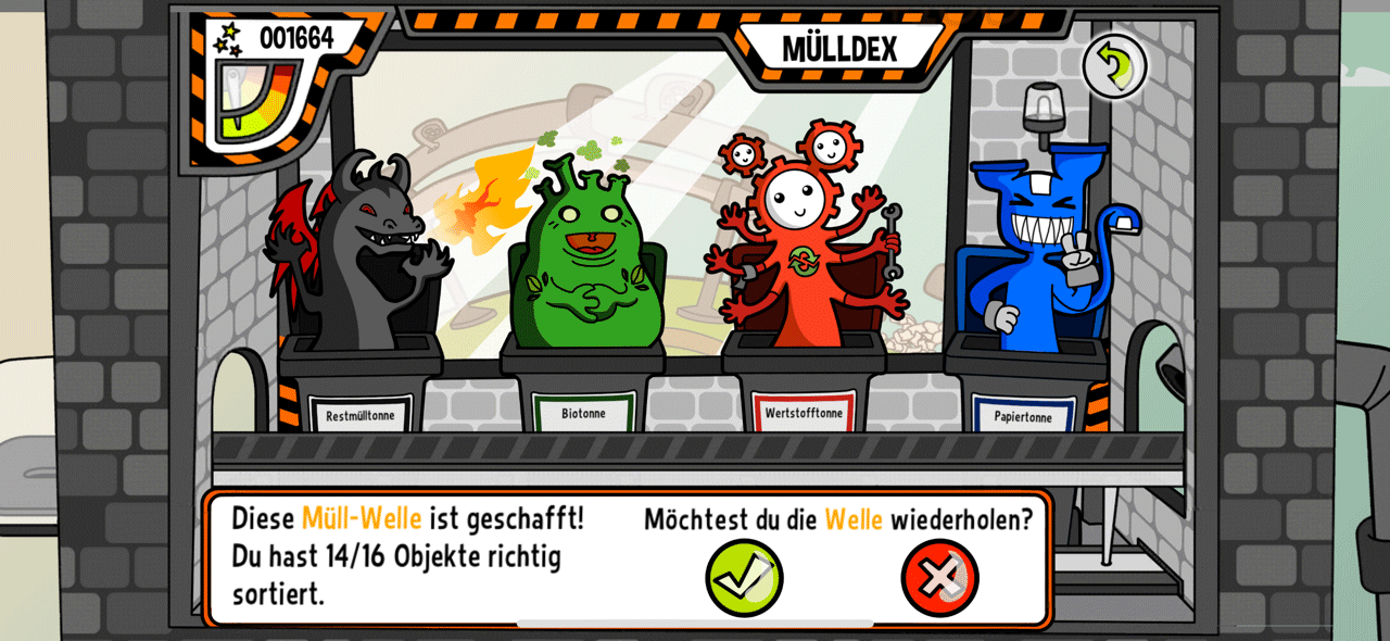 Screenshot aus der Smartphone-App DIE MÜLL AG mit Mini-Game, an dem man an Fließband Müll sortieren muss.