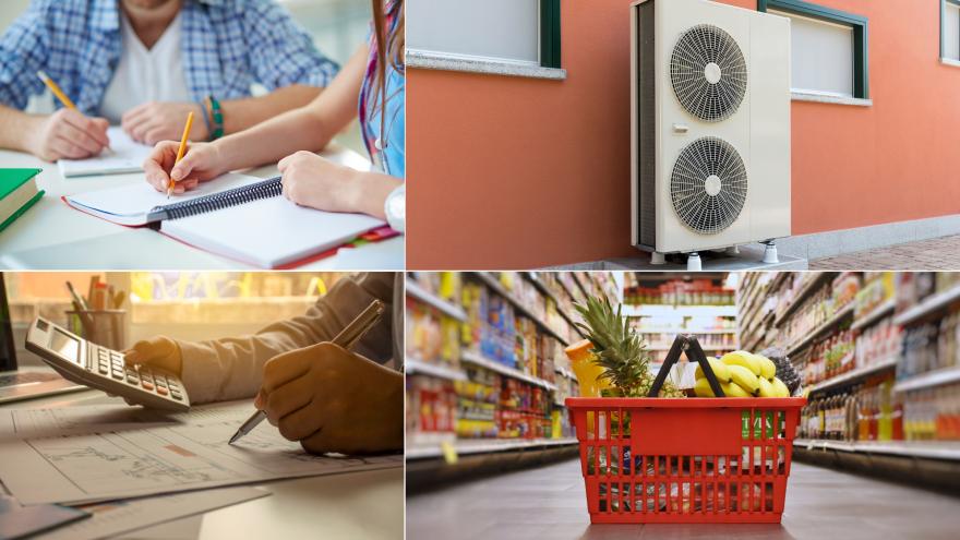 Bildcollage mit vier Bilder: Ein Schüler wird durch eine Lehrkraft unterstützt, eine Wärmepumpe an einer Hauswand, ein Mann rechnet mithilfe eines Taschenrechners und ein Einkaufskorb steht in einem Gang in einem Supermarkt